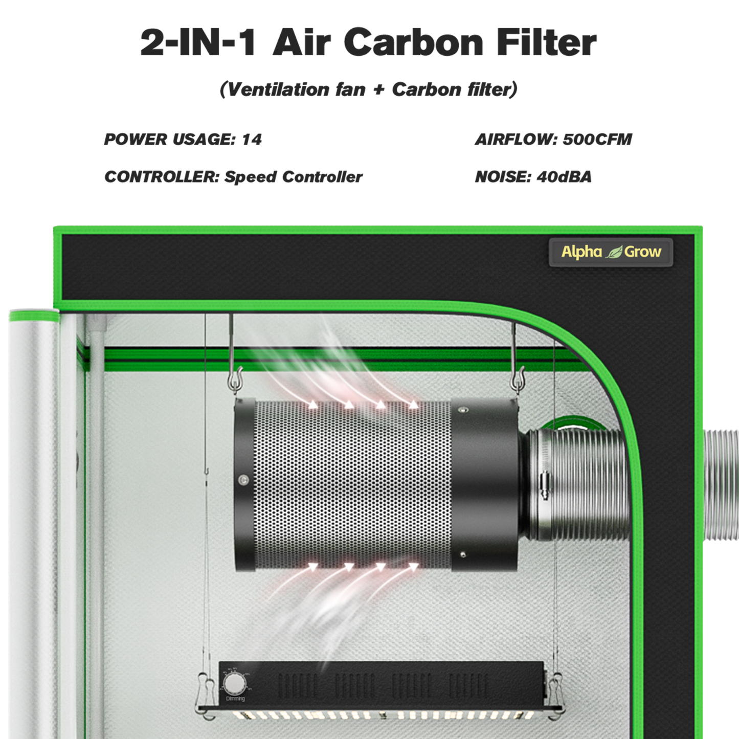 ALPHAGROW 4" Inline Carbon Filter with Built-in Fan - Australian Virgin Charcoal, Variable Speed & Low Noise for Grow Tents/Hydroponics Odor Control