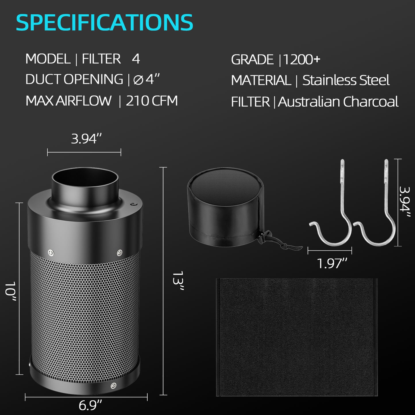 ALPHAGROW 4" Inline Carbon Filter with Built-in Fan - Australian Virgin Charcoal, Variable Speed & Low Noise for Grow Tents/Hydroponics Odor Control