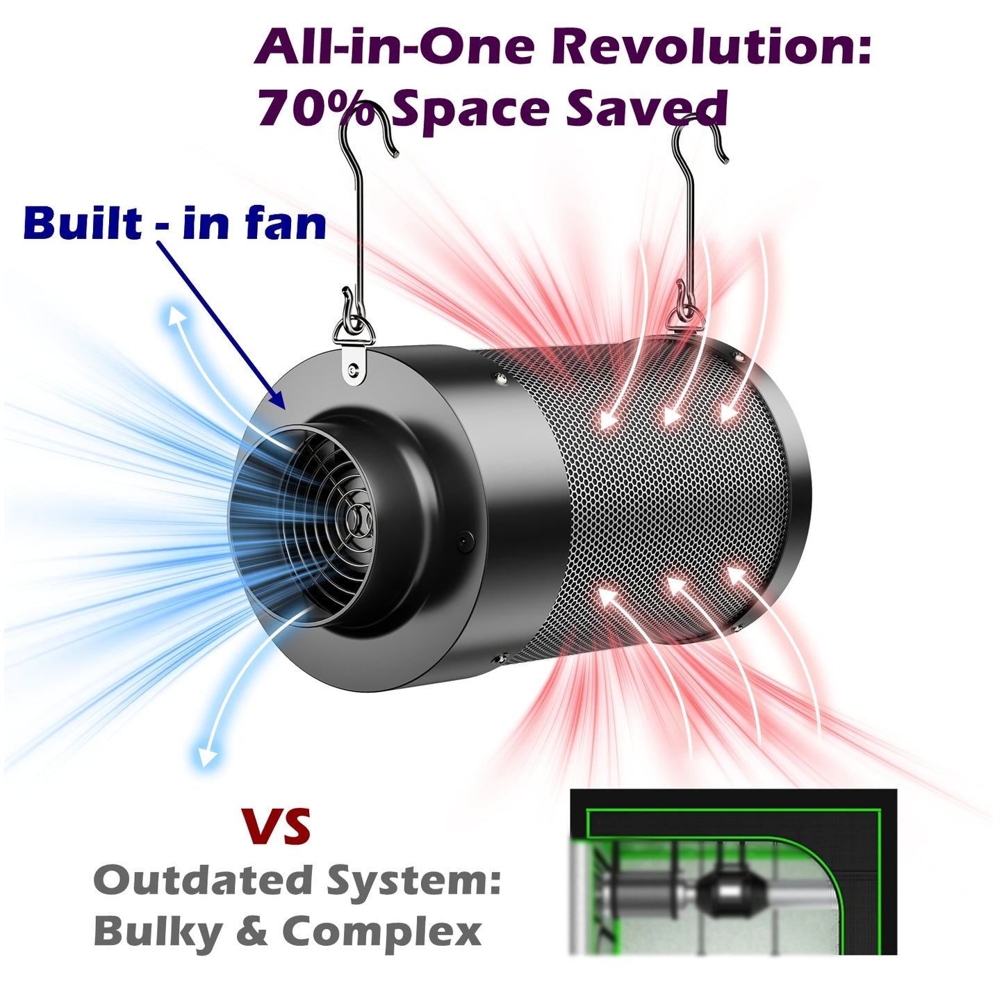 ALPHAGROW 4" Inline Carbon Filter with Built-in Fan - Australian Virgin Charcoal, Variable Speed & Low Noise for Grow Tents/Hydroponics Odor Control