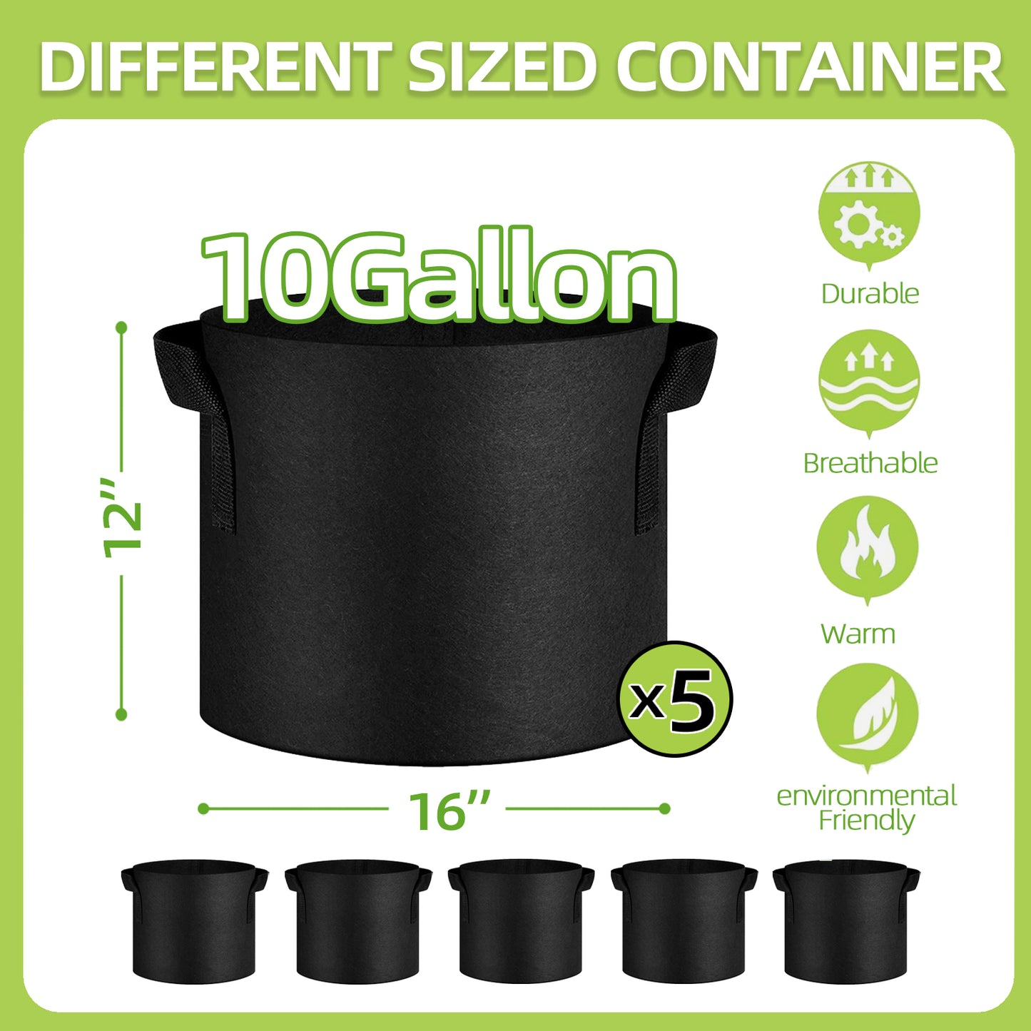 10 Gallon Grow Bags 5-Pack Black Thickened Nonwoven Fabric Pots with Handles