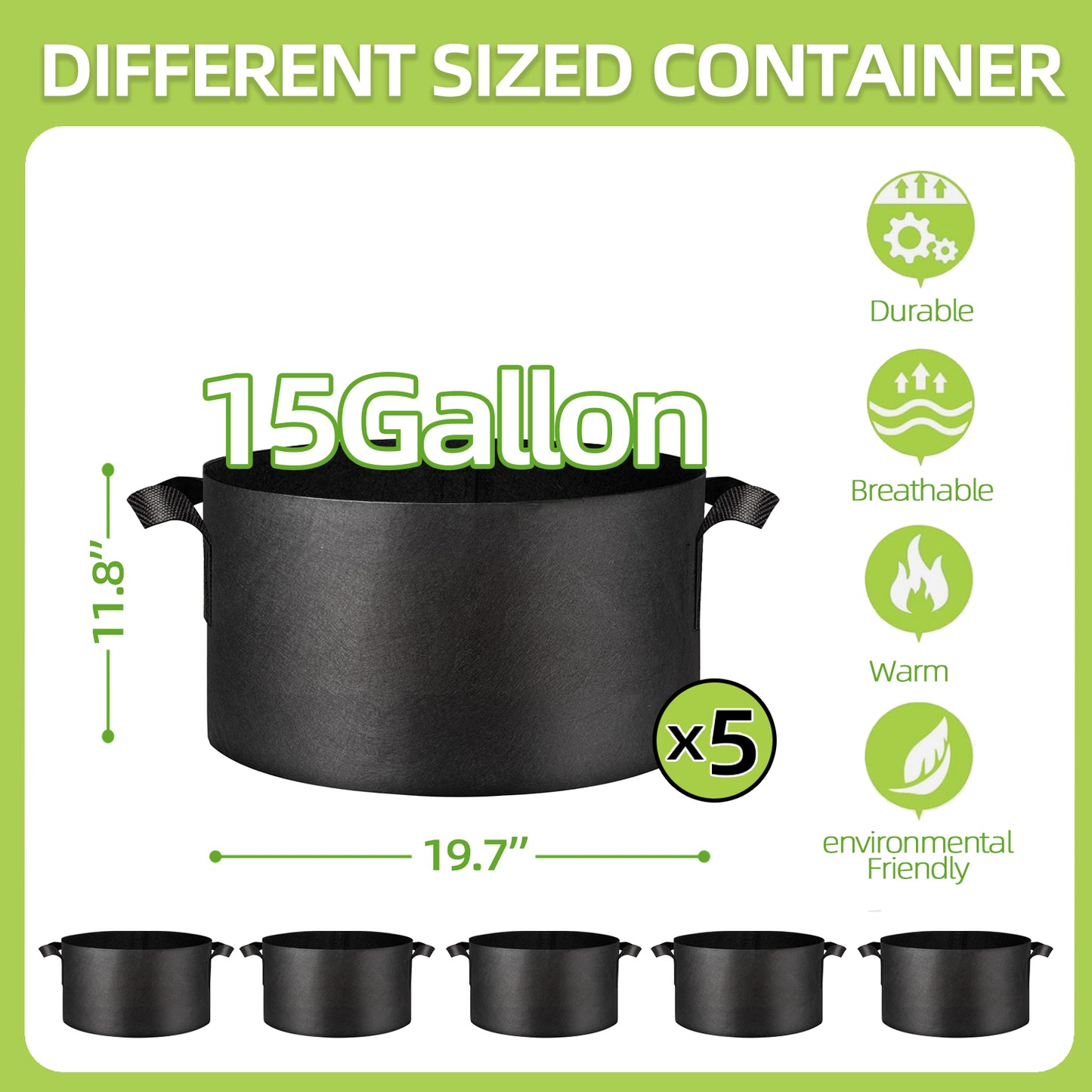 15 Gallon Grow Bags 5-Pack Black Thickened Nonwoven Fabric Pots with Handles