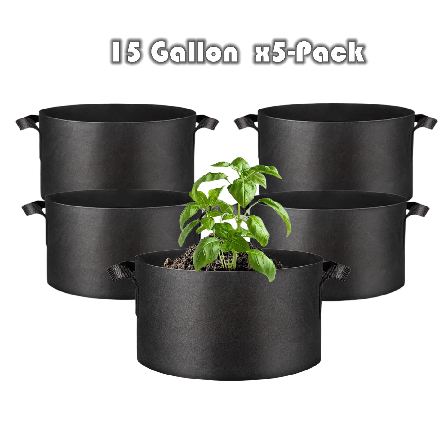 15 Gallon Grow Bags 5-Pack Black Thickened Nonwoven Fabric Pots with Handles