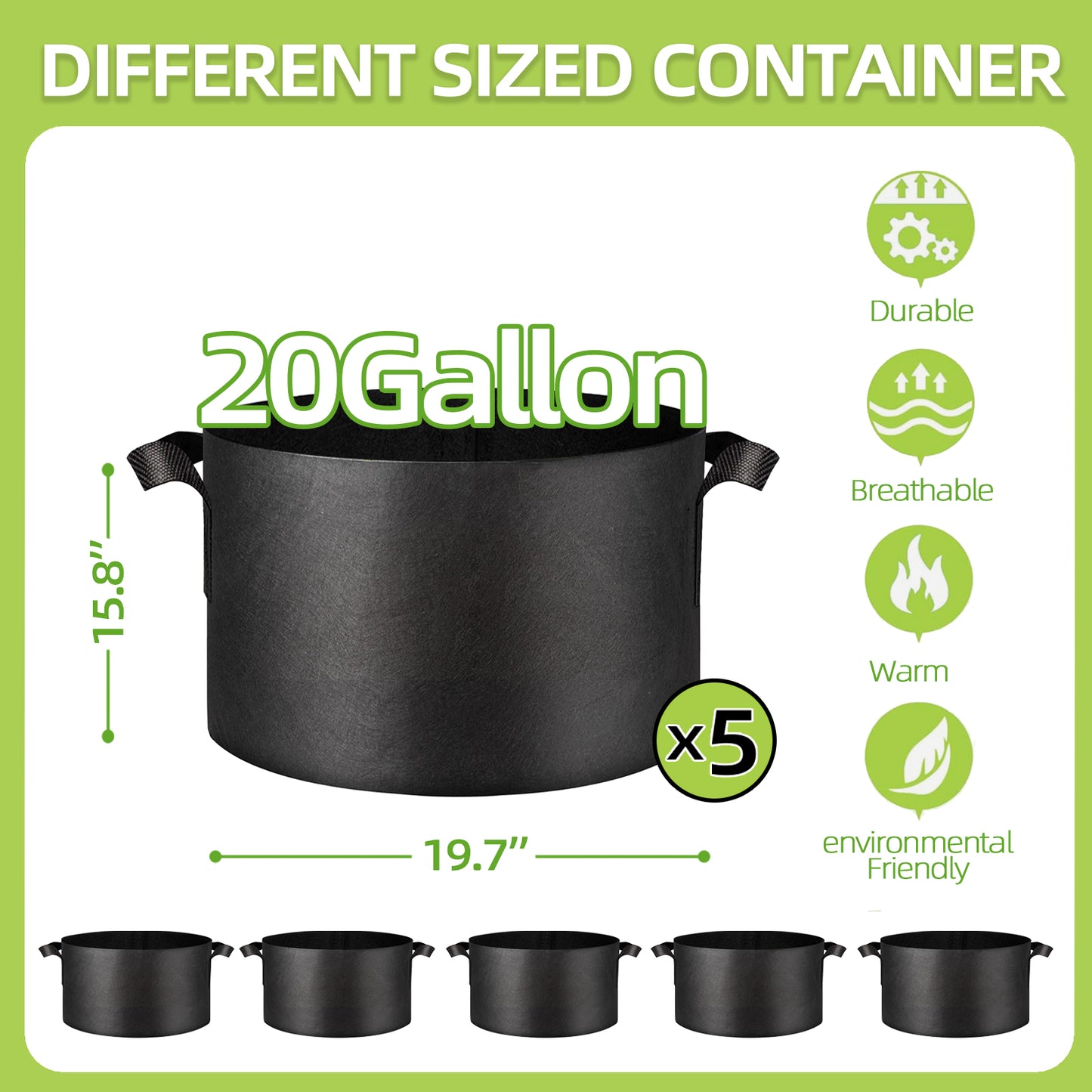 3 Gallon Grow Bags 5-Pack Black Thickened Nonwoven Fabric Pots with Handles