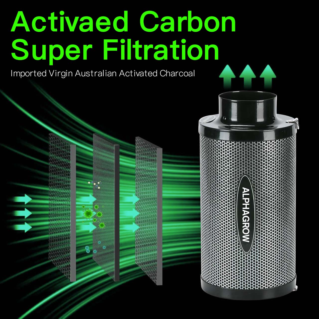 ALPHAGROW 6 Inch Air Carbon Filter Smelliness Control with Australia Virgin Charcoal,Odor Removal Carbon Filter for Grow Tent, Inline Fan, Hydroponics