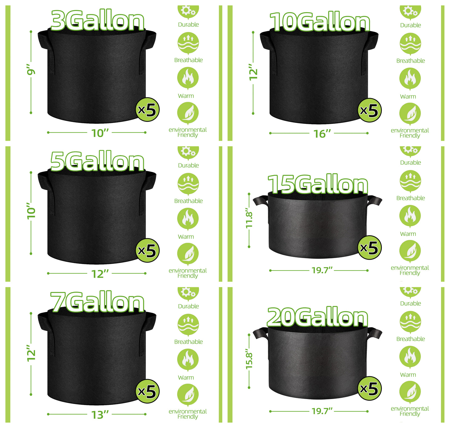 7 Gallon Grow Bags 5-Pack Black Thickened Nonwoven Fabric Pots with Handles