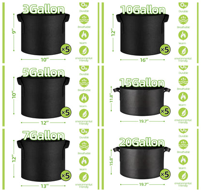 10 Gallon Grow Bags 5-Pack Black Thickened Nonwoven Fabric Pots with Handles